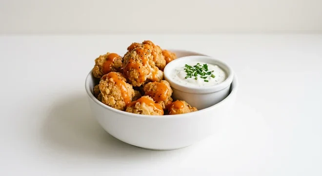 Frankie & Benny's Crispy Cauli Bites (Side), battered cauliflower bites with buffalo sauce and a garlic and herb dip in a white bowl, nutrition and calories