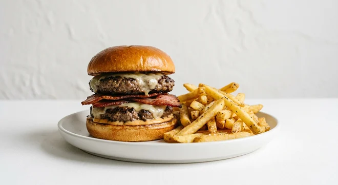 Frankie & Benny's Double Stack Burger, two beef patties with streaky bacon and melted cheese, with fries on a white plate, nutrition and calories