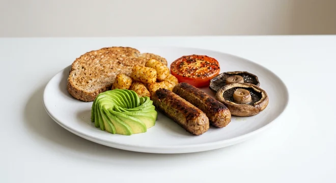 Frankie & Benny's The Veggie One, veggie sausages, flat mushrooms, baked tomato, avocado, potato tots and wholemeal toast on a white plate, nutrition and calories
