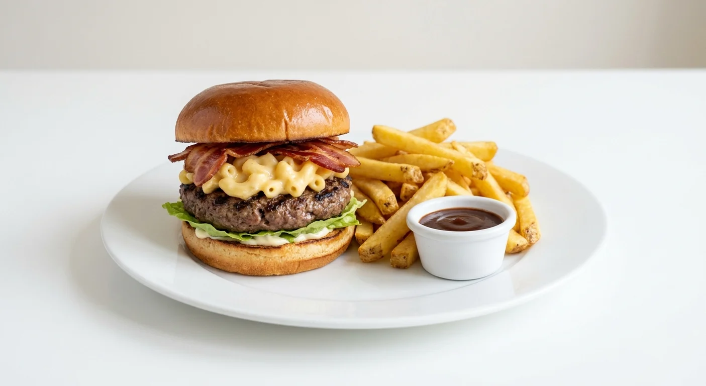 Frankie & Benny's Mac Daddy Burger, beef burger topped with mac and cheese and streaky bacon, with fries and BBQ sauce on a white plate, nutrition and calories