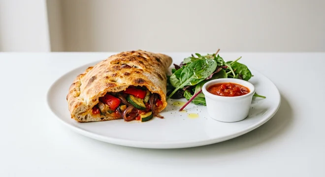 Frankie & Benny's Roasted Vegetable Calzone, golden calzone filled with roasted peppers, courgette and red onion, with dressed salad and marinara dip on a white plate, nutrition and calories