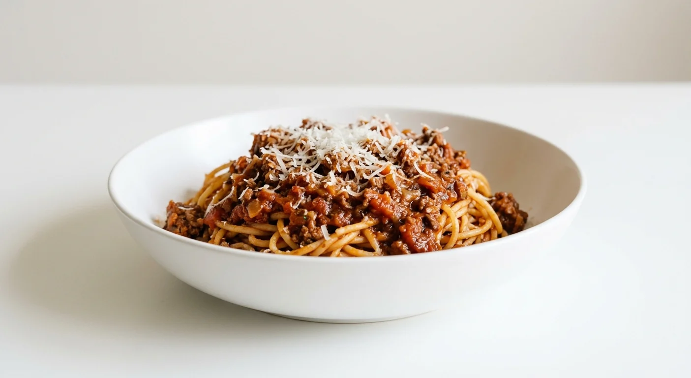 Frankie & Benny's Bolognese, spaghetti in rich beef bolognese topped with Italian cheese in a white bowl, nutrition and calories