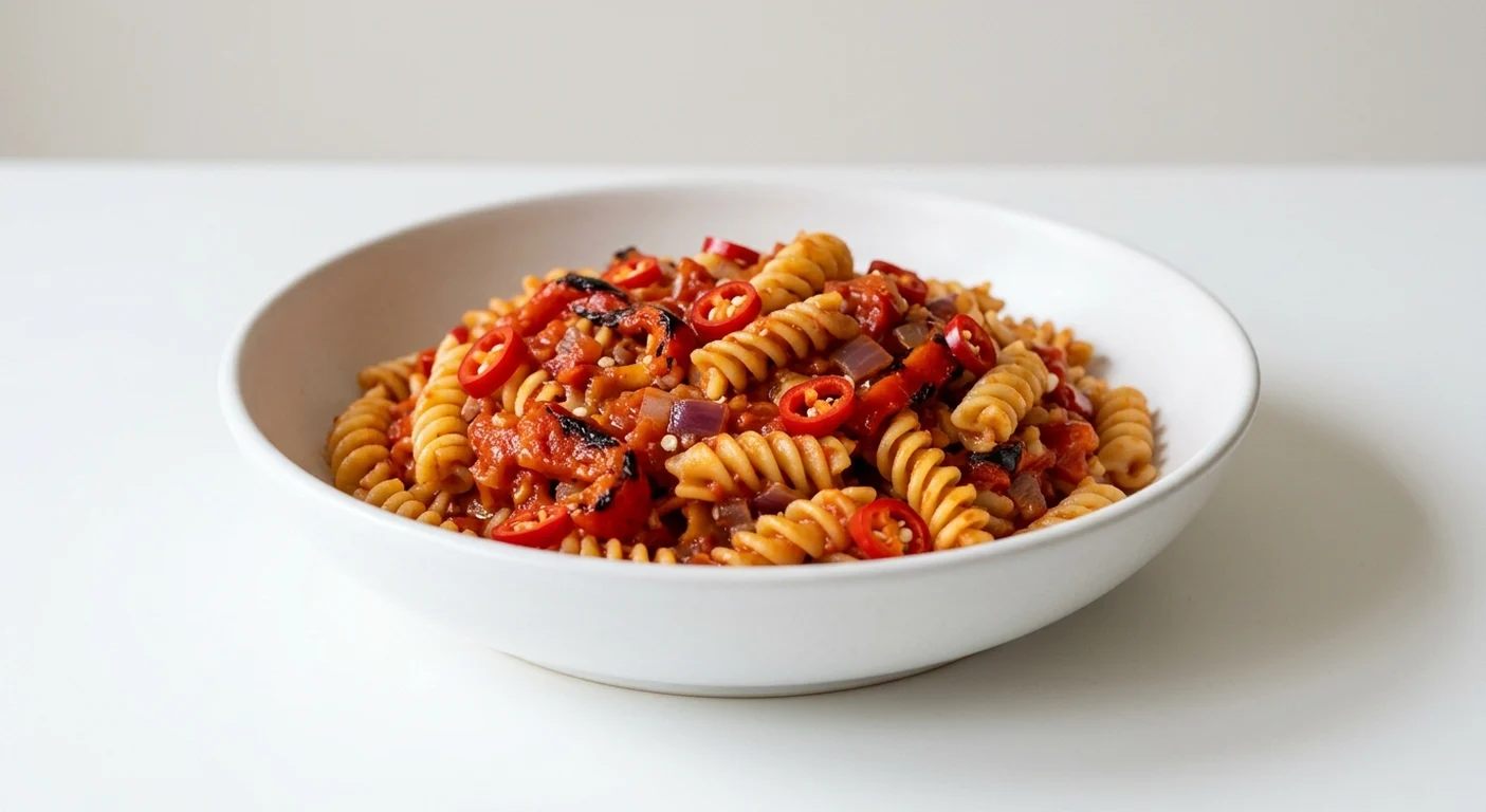 Frankie & Benny's Arrabbiata, spirali pasta in tomato sauce with roasted red pepper, red onion and chilli in a white bowl, nutrition and calories