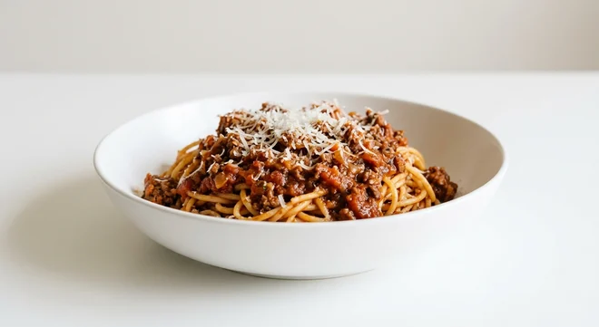 Frankie & Benny's Bolognese, spaghetti in rich beef bolognese topped with Italian cheese in a white bowl, nutrition and calories