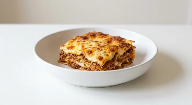 Frankie & Benny's Classic Beef Lasagne, layered beef lasagne with a golden cheese top in a white bowl, nutrition and calories