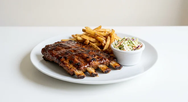 Frankie & Benny's BBQ Ribs (Half Rack), half rack of glazed BBQ pork ribs with skin-on fries and slaw on a white plate, nutrition and calories