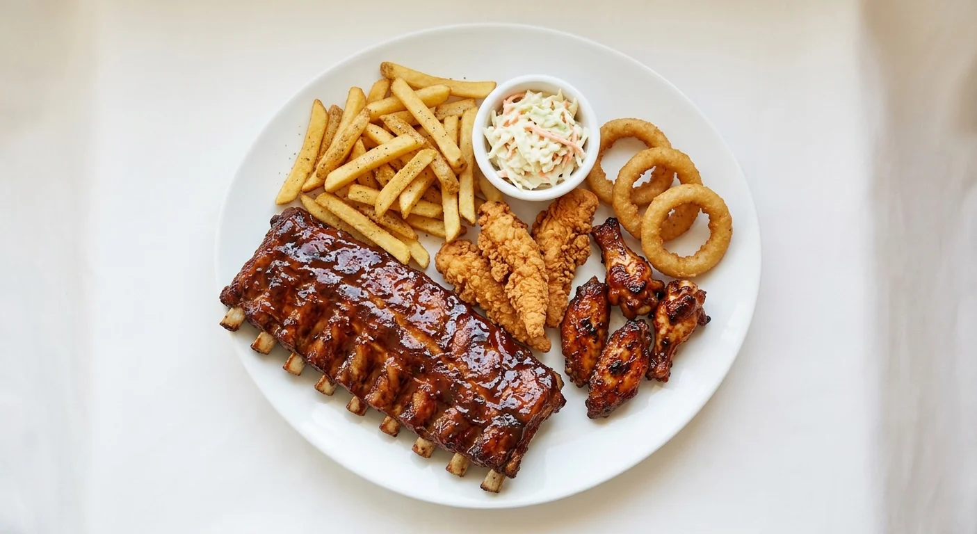Frankie & Benny's BBQ Platter, full rack of BBQ ribs with chicken tenders, BBQ wings, onion rings, skin-on fries and slaw on a white plate, nutrition and calories