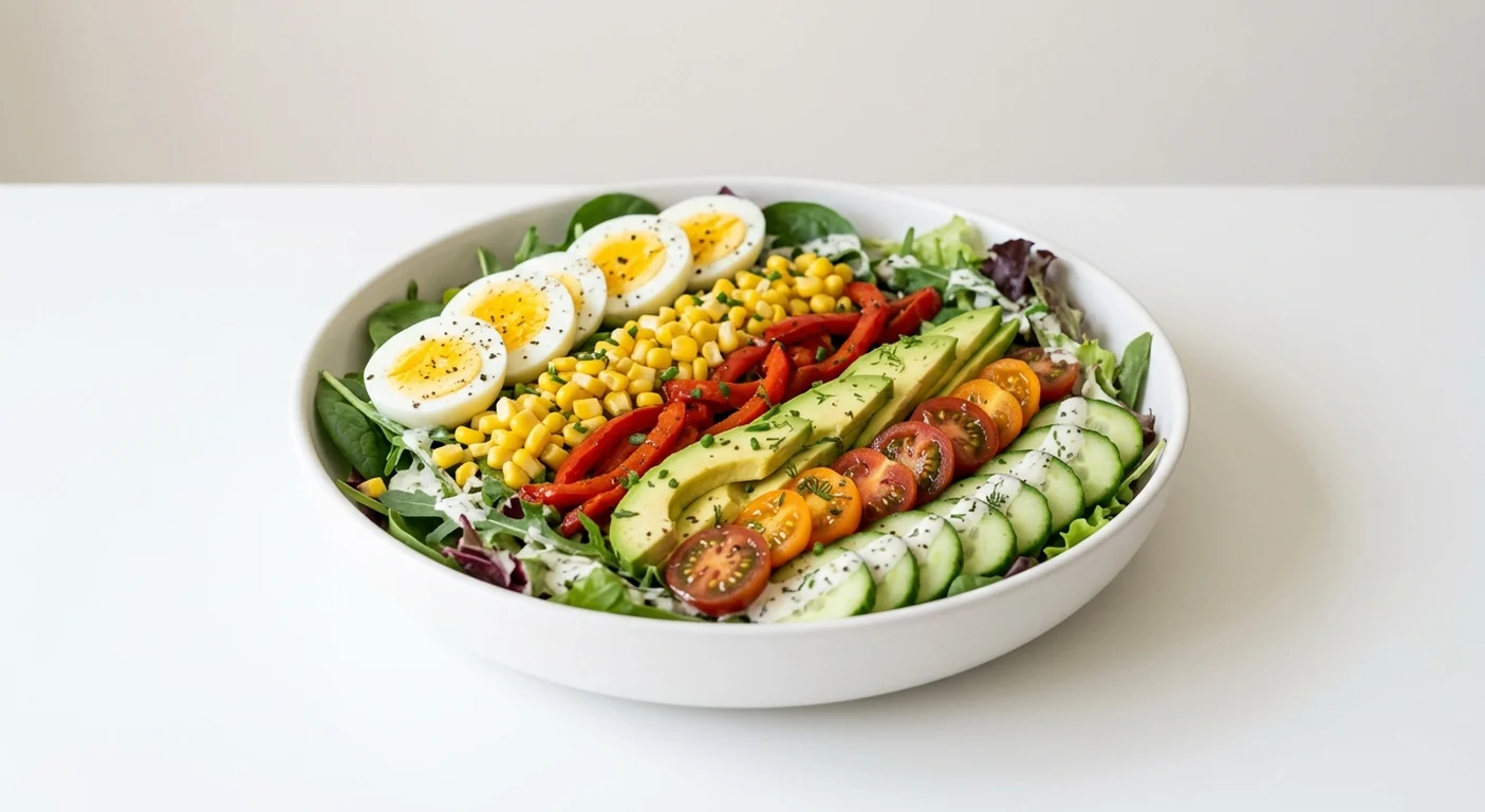 Frankie & Benny's Cobb Salad, mixed leaves with boiled egg, sweetcorn, red pepper, avocado, cherry tomatoes and cucumber in a white bowl, nutrition and calories