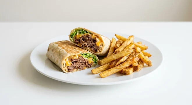Frankie & Benny's Beef Brisket Wrap, toasted wrap with BBQ beef brisket, cheese and lettuce, with skin-on fries on a white plate, nutrition and calories