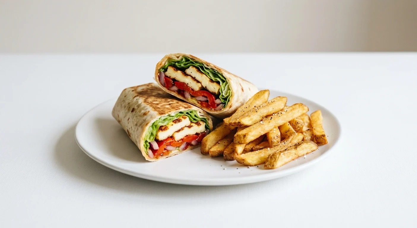 Frankie & Benny's Halloumi Wrap, toasted wrap with grilled halloumi, red pepper and lettuce, with skin-on fries on a white plate, nutrition and calories