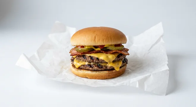 Burger King US Bacon Double Cheeseburger, two beef patties with melted cheese, bacon and pickles in a soft bun on white paper, nutrition and calories