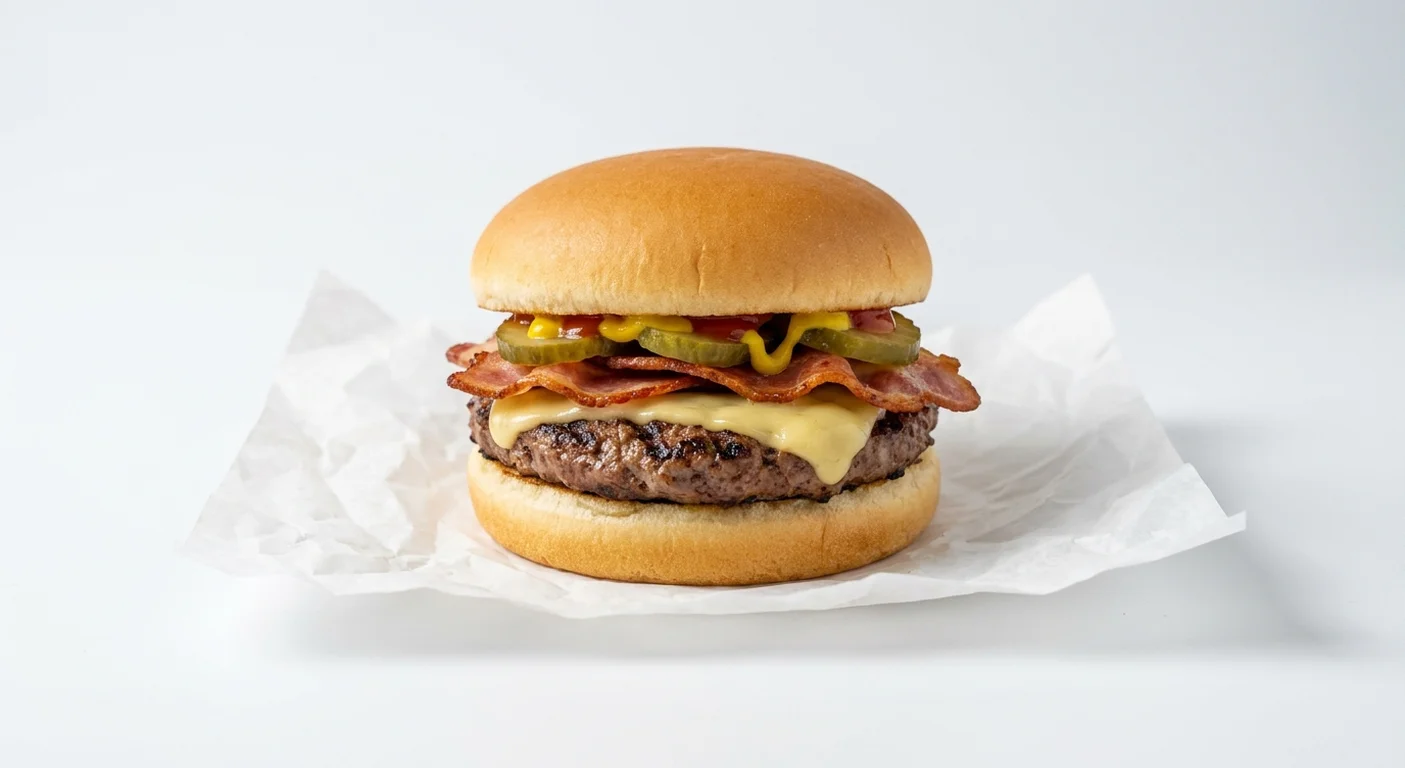 Burger King US Bacon Cheeseburger, a beef patty with melted cheese, bacon and pickles in a soft bun on white paper, nutrition and calories
