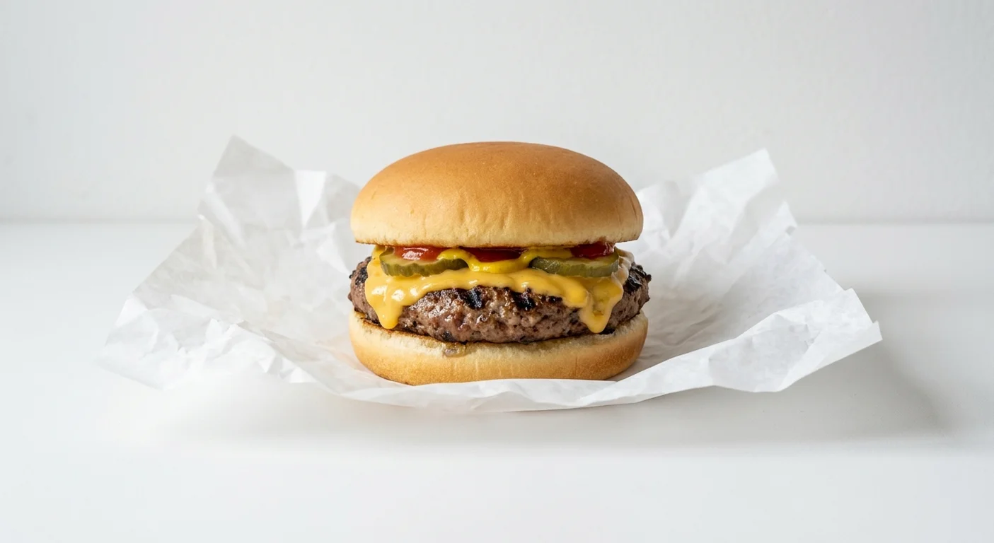 Burger King US Cheeseburger, a beef patty with melted cheese, pickles, mustard and ketchup in a soft bun on white paper, nutrition and calories