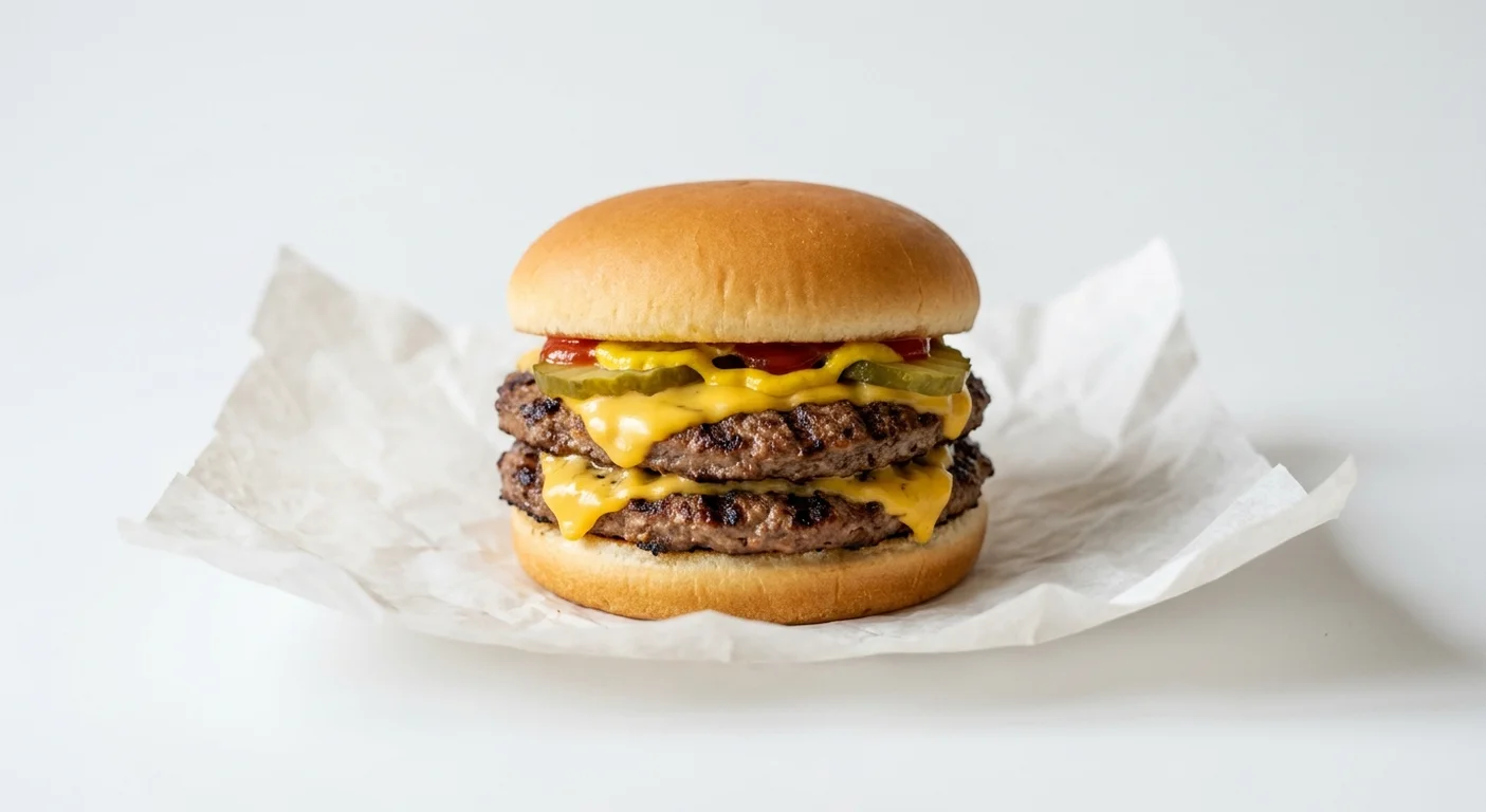 Burger King US Double Cheeseburger, two beef patties with melted cheese and pickles in a soft bun on white paper, nutrition and calories