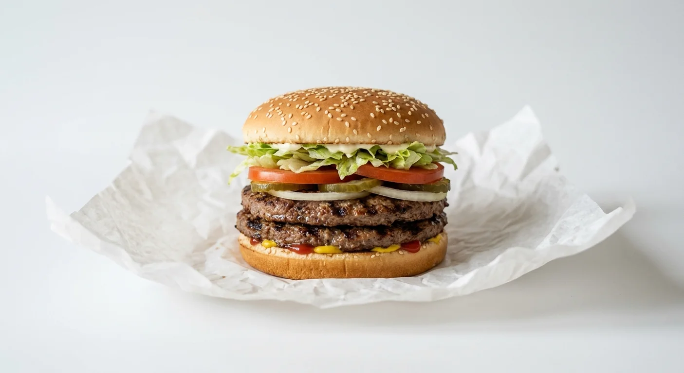 Burger King US Double Whopper, two flame-grilled beef patties with lettuce, tomato, onion and pickles in a sesame bun on white paper, nutrition and calories
