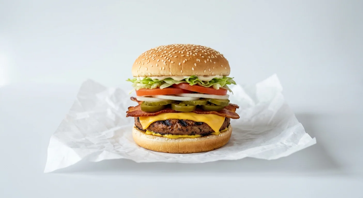 Burger King US Impossible Texas Whopper, a plant-based patty with cheese, bacon, jalapeños, lettuce, tomato and onion in a sesame bun on white paper, nutrition and calories