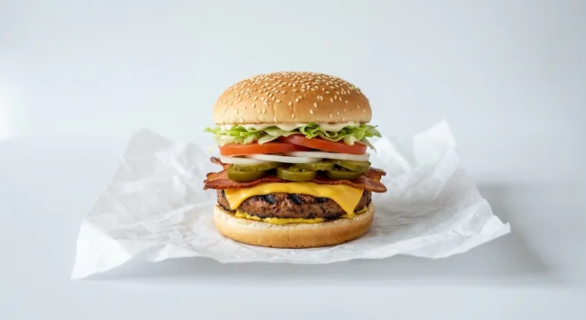 Burger King US Impossible Texas Whopper, a plant-based patty with cheese, bacon, jalapeños, lettuce, tomato and onion in a sesame bun on white paper, nutrition and calories