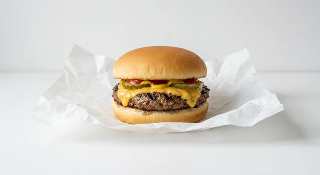 Burger King US Kid's Cheeseburger, a beef patty with melted cheese, pickles, mustard and ketchup in a soft bun on white paper, nutrition and calories