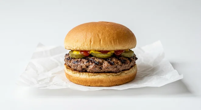 Burger King US Hamburger, a beef patty with pickles, mustard and ketchup in a soft bun on white paper, nutrition and calories