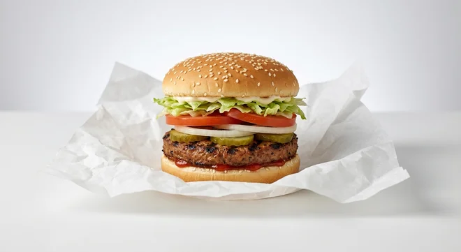Burger King US Impossible Whopper, a plant-based flame-grilled patty with lettuce, tomato, onion and pickles in a sesame bun on white paper, nutrition and calories