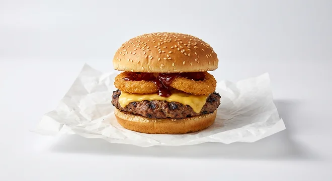 Burger King US Rodeo Cheeseburger, a beef patty with melted cheese, onion rings and BBQ sauce in a sesame bun on white paper, nutrition and calories