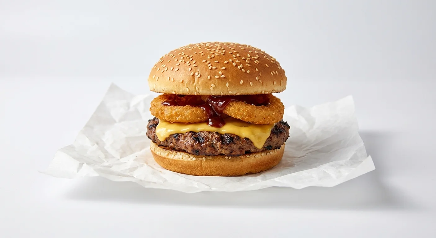 Burger King US Rodeo Cheeseburger, a beef patty with melted cheese, onion rings and BBQ sauce in a sesame bun on white paper, nutrition and calories