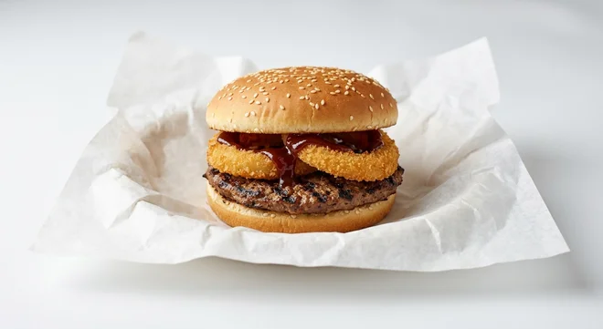 Burger King US Rodeo Burger, a beef patty with onion rings and BBQ sauce in a sesame bun on white paper, nutrition and calories