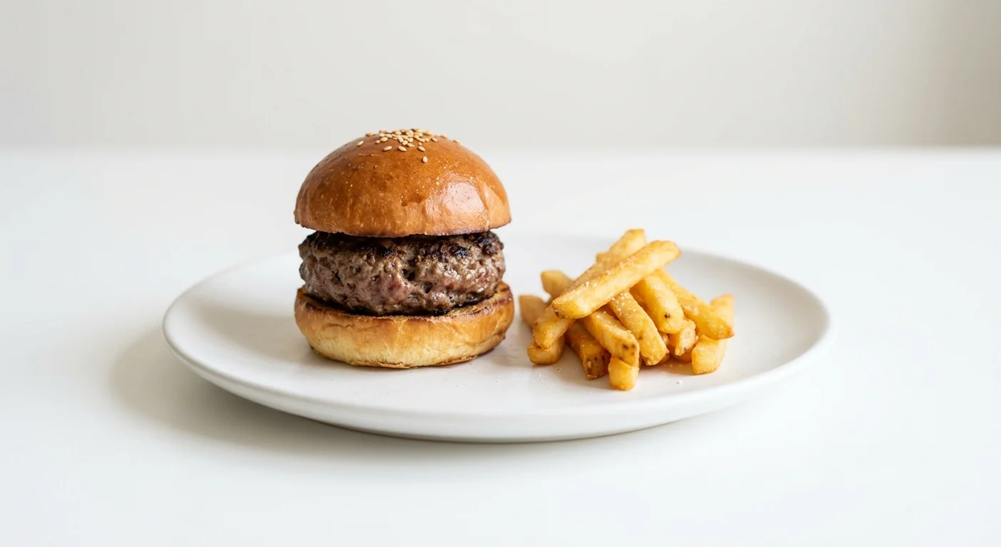Frankie & Benny's Kids Beef Burger, small beef burger in a bun with fries on a white plate, nutrition and calories