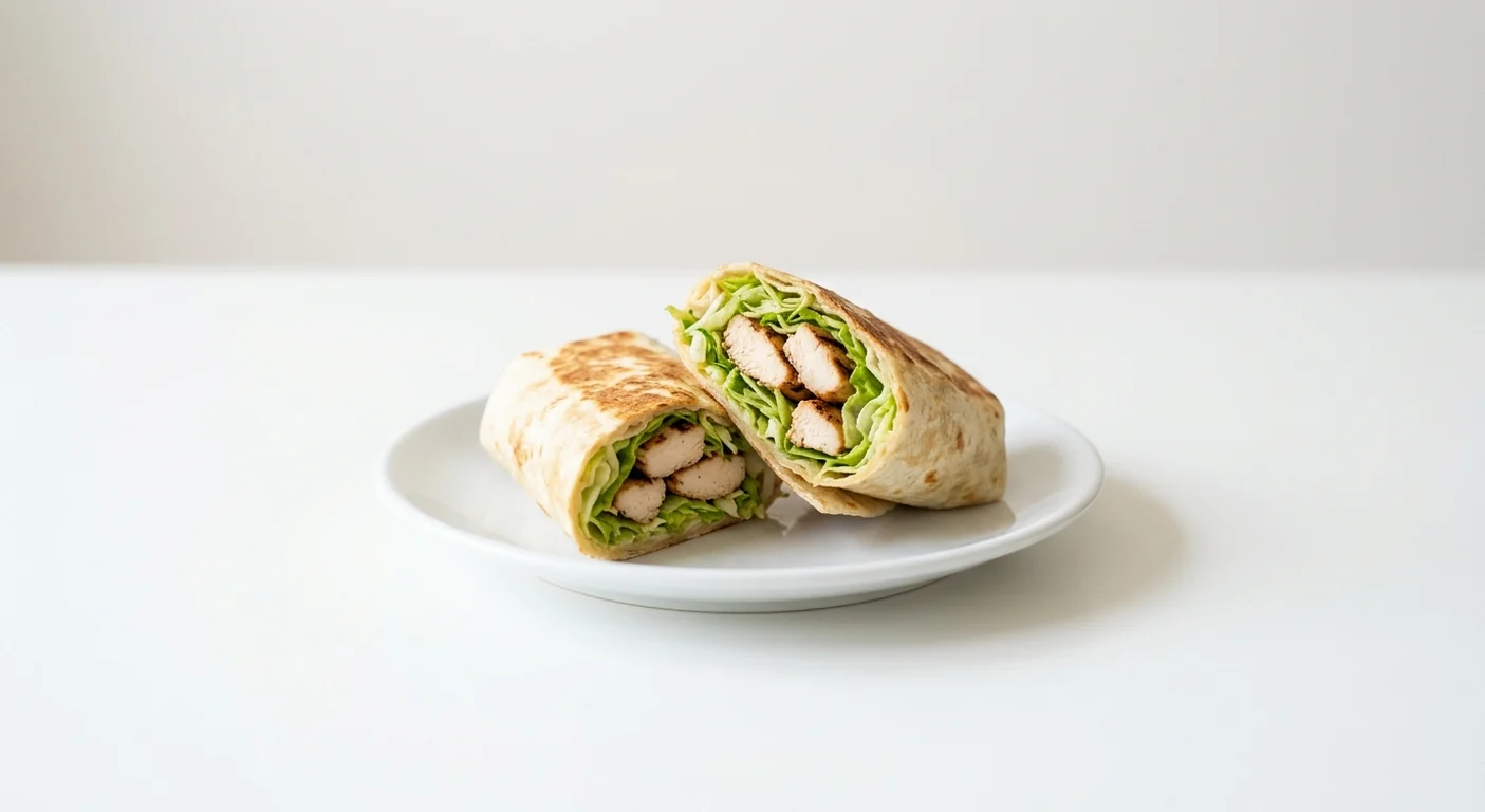 Frankie & Benny's Kids Chicken Wrap, small wrap with chicken and lettuce, cut in half on a white plate, nutrition and calories