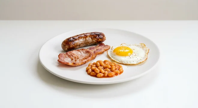 Frankie & Benny's Kids Classic Breakfast, pork sausage, bacon, fried egg and baked beans on a white plate, nutrition and calories