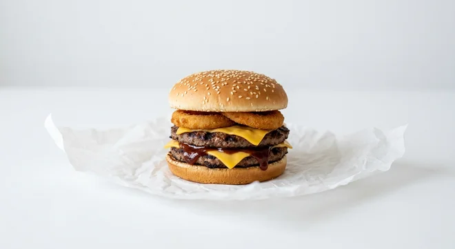 Burger King US Rodeo Double Cheeseburger, two beef patties with melted cheese, onion rings and BBQ sauce in a sesame bun on white paper, nutrition and calories