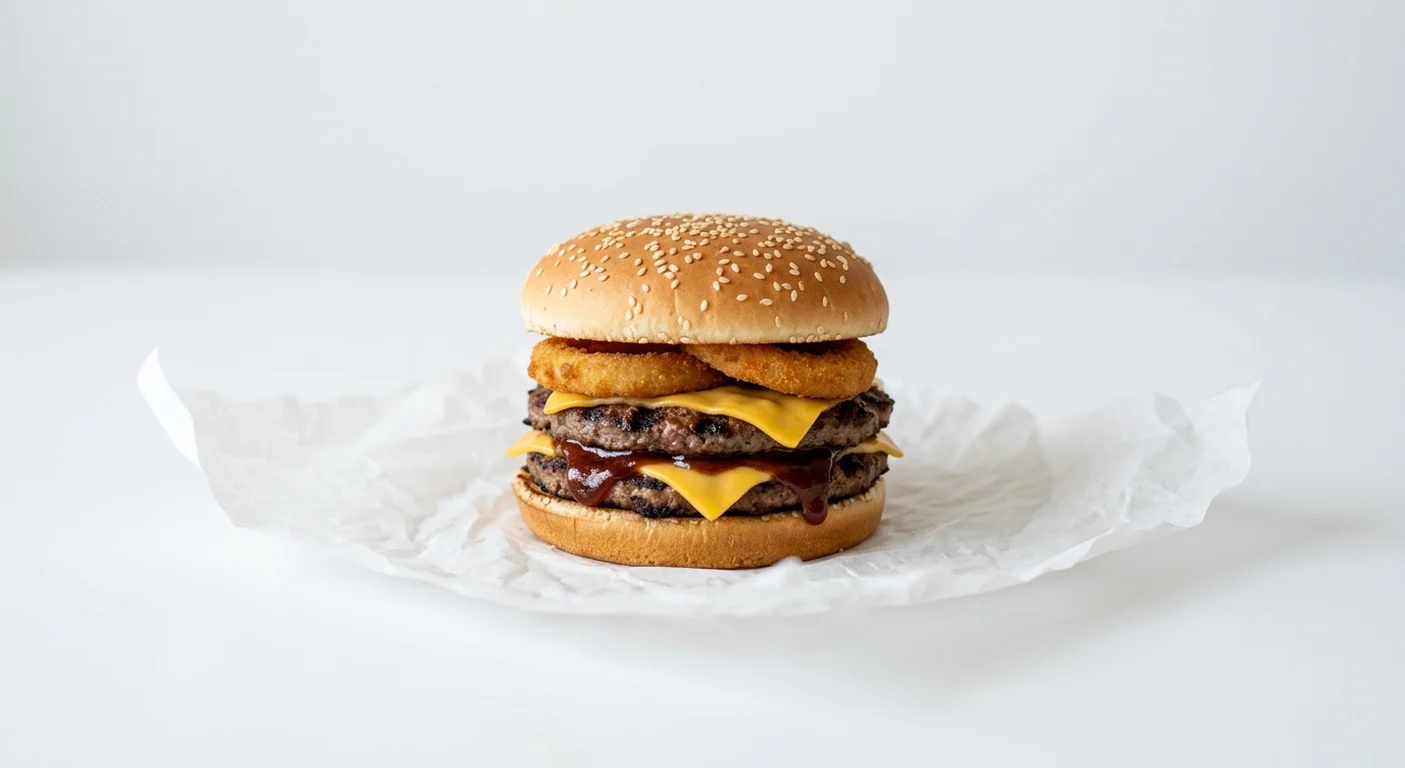Burger King US Rodeo Double Cheeseburger, two beef patties with melted cheese, onion rings and BBQ sauce in a sesame bun on white paper, nutrition and calories