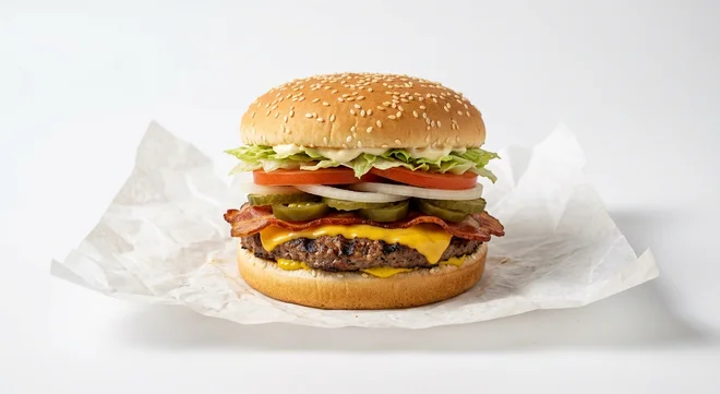 Burger King US Texas Whopper, a flame-grilled beef patty with cheese, bacon, jalapeños, lettuce, tomato and onion in a sesame bun on white paper, nutrition and calories