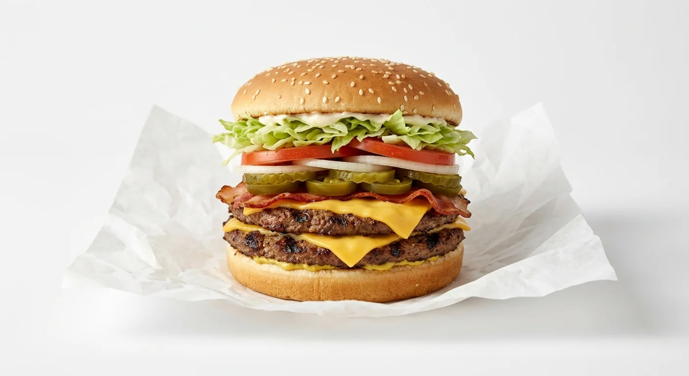 Burger King US Texas Double Whopper, two flame-grilled beef patties with cheese, bacon, jalapeños, lettuce, tomato and onion in a sesame bun on white paper, nutrition and calories