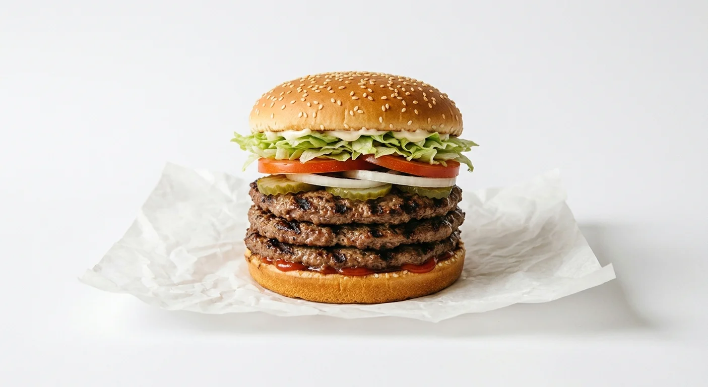 Burger King US Triple Whopper, three flame-grilled beef patties with lettuce, tomato, onion and pickles in a sesame bun on white paper, nutrition and calories