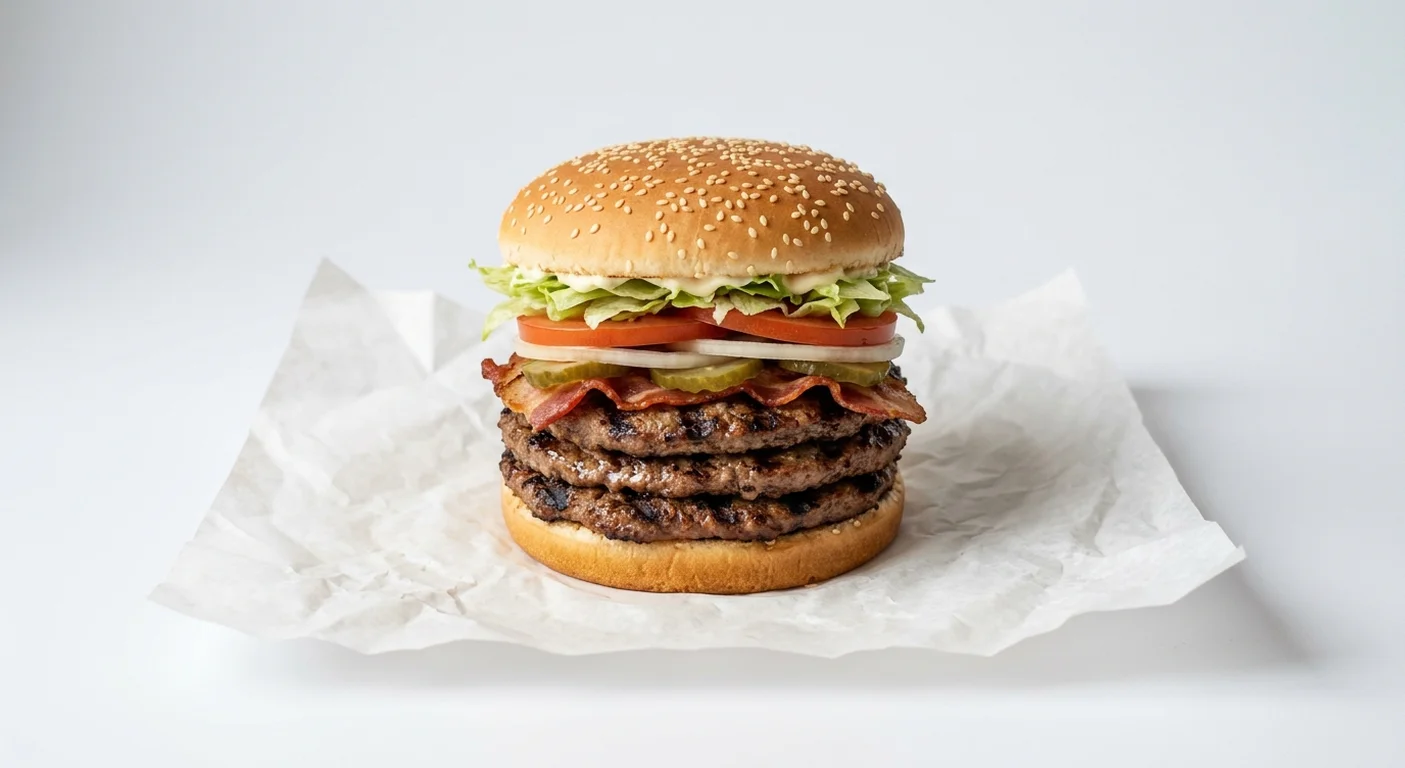 Burger King US Triple Whopper with Bacon, three flame-grilled beef patties with bacon, lettuce, tomato, onion and pickles in a sesame bun on white paper, nutrition and calories