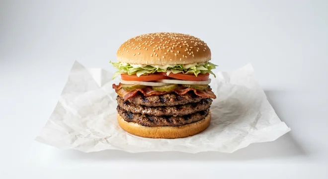 Burger King US Triple Whopper with Bacon, three flame-grilled beef patties with bacon, lettuce, tomato, onion and pickles in a sesame bun on white paper, nutrition and calories