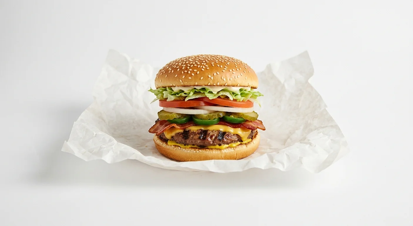 Burger King US Texas Whopper Jr., a small flame-grilled beef patty with cheese, bacon, jalapeños, lettuce, tomato and onion in a sesame bun on white paper, nutrition and calories