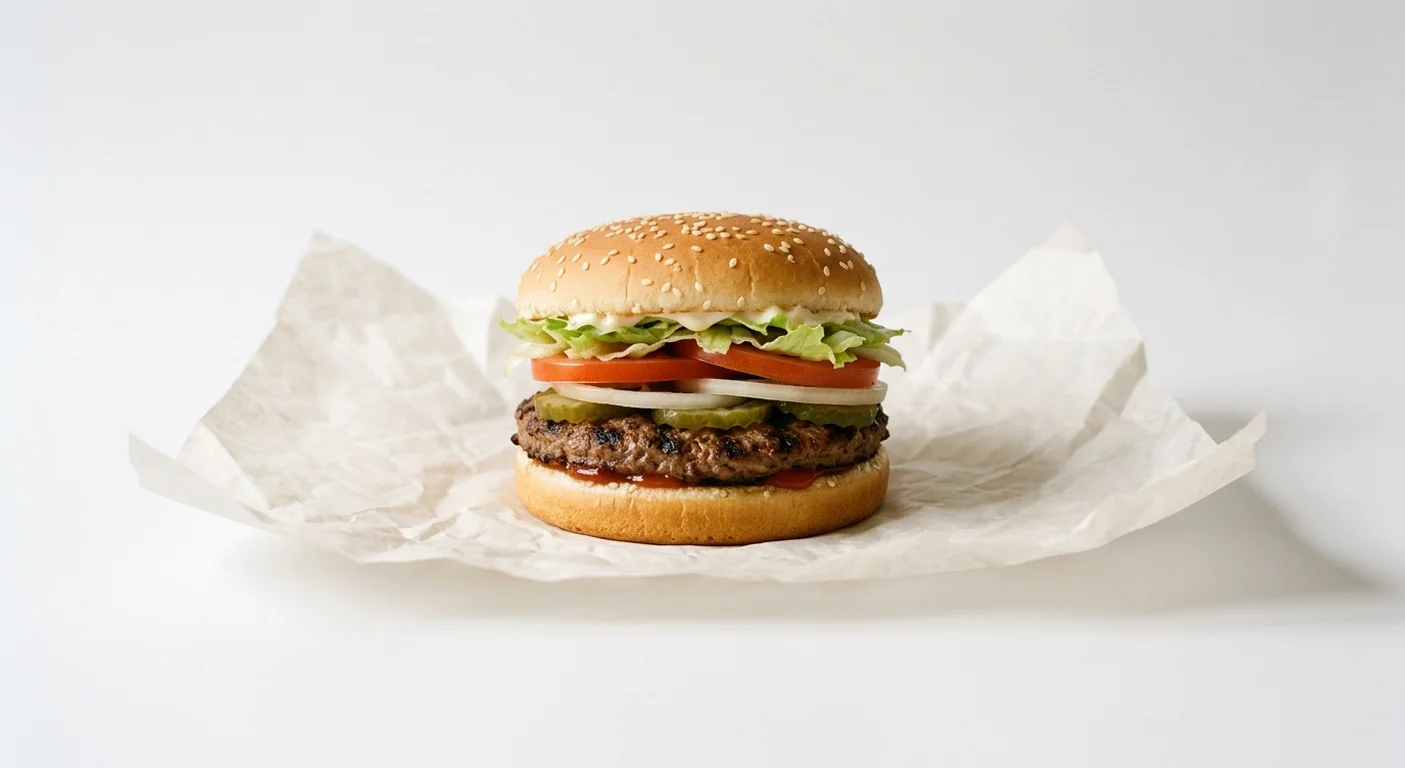 Burger King US Whopper Jr., a small flame-grilled beef patty with lettuce, tomato, onion and pickles in a sesame bun on white paper, nutrition and calories