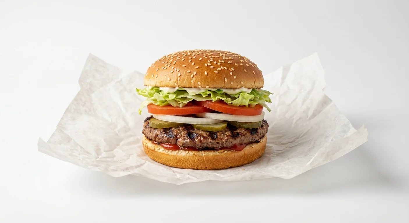 Burger King US Whopper, a flame-grilled beef patty with lettuce, tomato, onion and pickles in a sesame bun on white paper, nutrition and calories