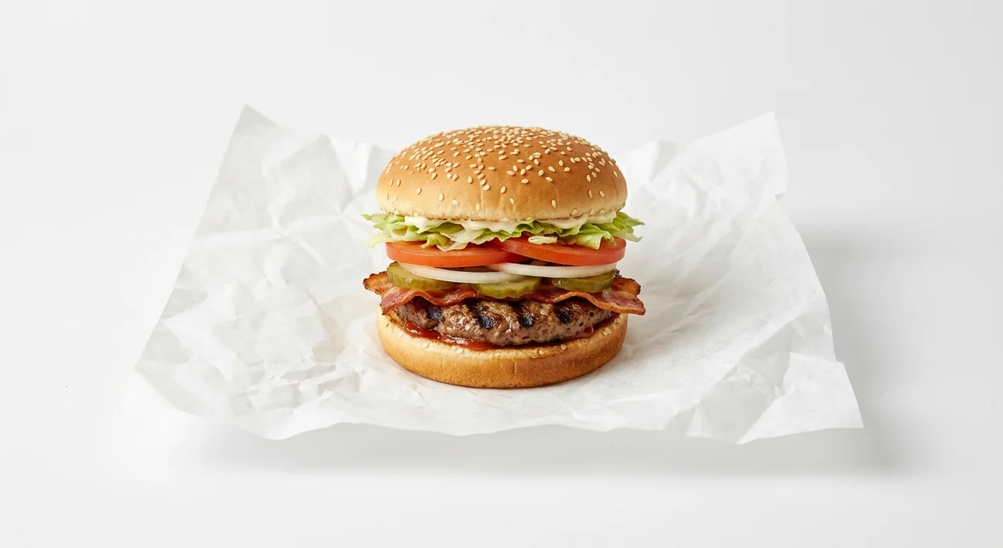 Burger King US Whopper Jr. with Bacon, a small flame-grilled beef patty with bacon, lettuce, tomato, onion and pickles in a sesame bun on white paper, nutrition and calories