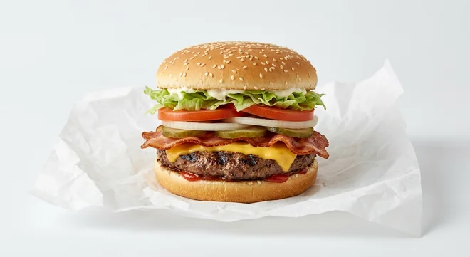 Burger King US Whopper with Bacon & Cheese, a flame-grilled beef patty with cheese, bacon, lettuce, tomato and onion in a sesame bun on white paper, nutrition and calories