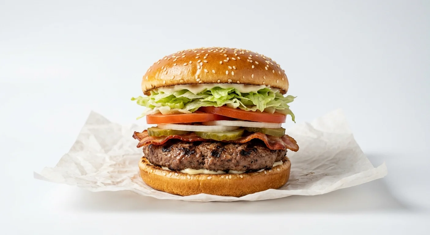 Burger King US Whopper with Bacon, a flame-grilled beef patty with bacon, lettuce, tomato, onion and pickles in a sesame bun on white paper, nutrition and calories