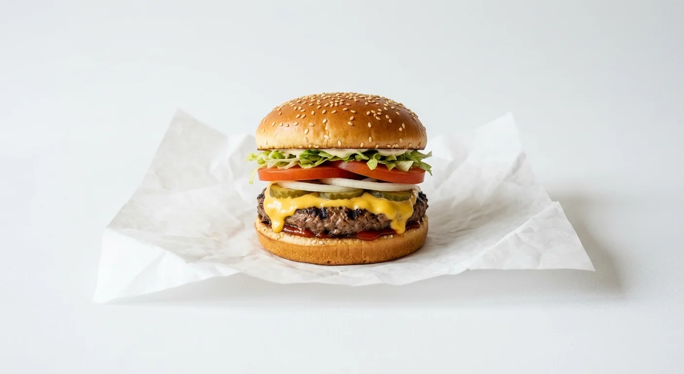 Burger King US Whopper Jr. with Cheese, a small flame-grilled beef patty with melted cheese, lettuce, tomato and onion in a sesame bun on white paper, nutrition and calories