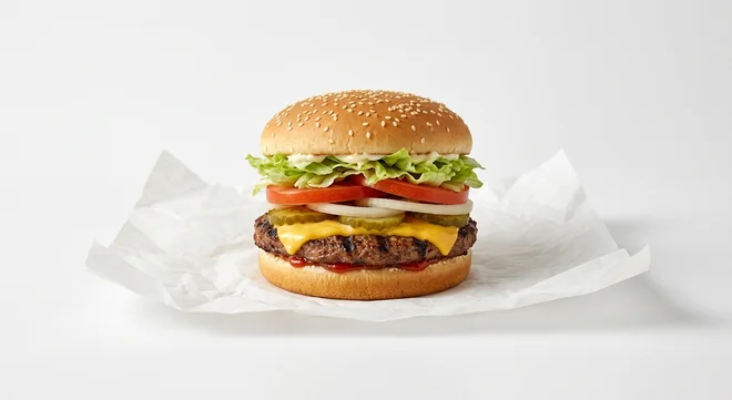 Burger King US Whopper with Cheese, a flame-grilled beef patty with melted cheese, lettuce, tomato and onion in a sesame bun on white paper, nutrition and calories