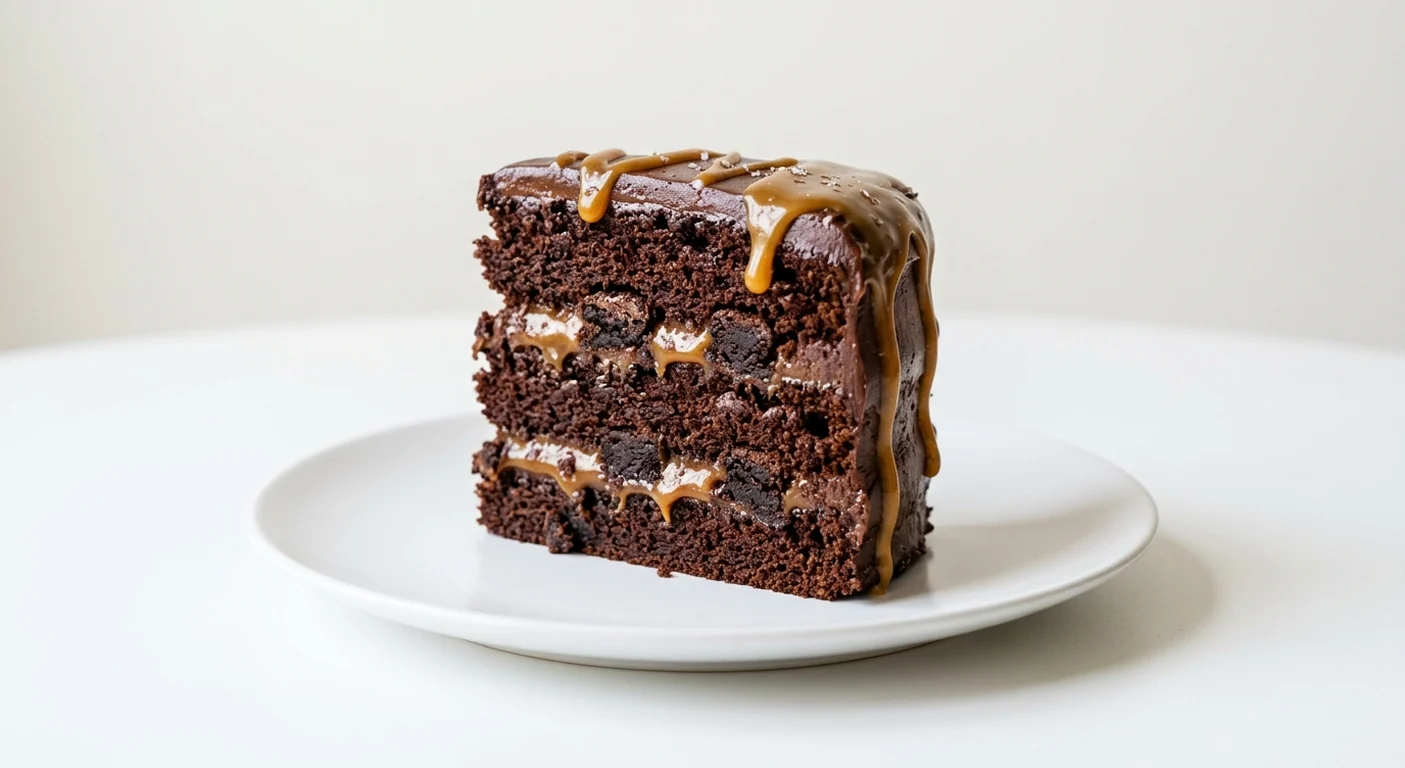 Frankie & Benny's Chocolate Fudge Cake, layered chocolate cake with brownie pieces and salted caramel fudge sauce on a white plate, nutrition and calories