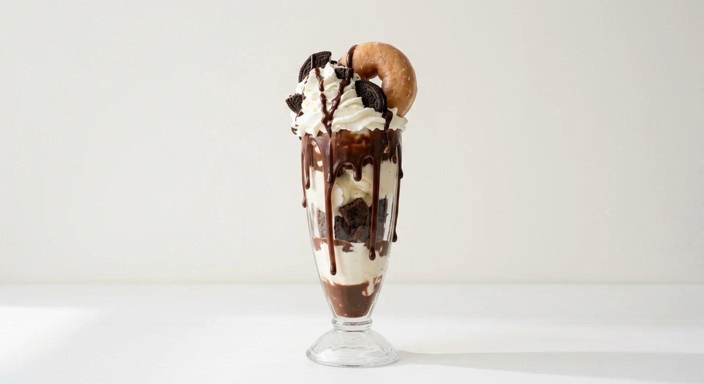 Frankie & Benny's Freakshake Sundae, vanilla ice cream, chocolate sauce and brownie pieces topped with whipped cream, a doughnut and cookie pieces in a sundae glass, nutrition and calories