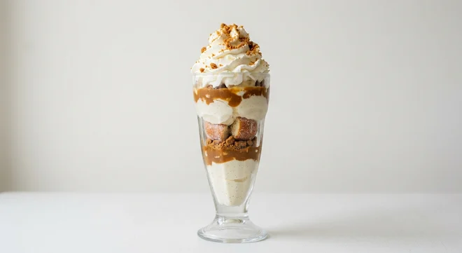 Frankie & Benny's Caramelised Biscuit Doughnut, vanilla ice cream layered with caramel biscuit sauce and doughnut pieces, topped with whipped cream and biscuit crumbs in a sundae glass, nutrition and calories