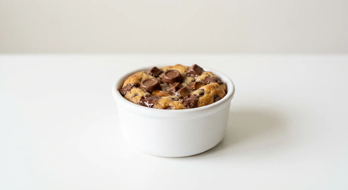 Frankie & Benny's Hot Cookie Dough, warm baked chocolate chip cookie dough topped with chocolate caramel pieces in a white bowl, nutrition and calories