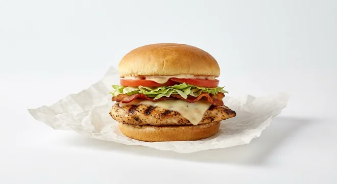 Burger King US Bacon and Swiss Flame-Grilled Chicken Sandwich, a flame-grilled chicken breast with Swiss cheese, bacon, lettuce and tomato in a potato bun on white paper, nutrition and calories